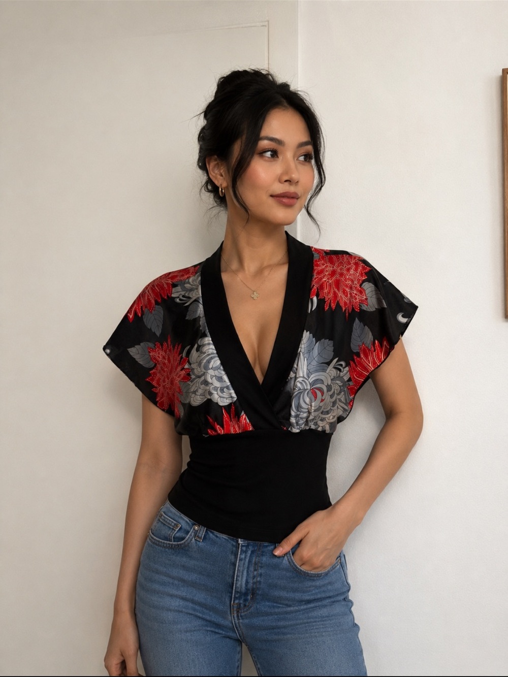 Black Floral Wrap-Style Blouse with Red and Gray Blooms